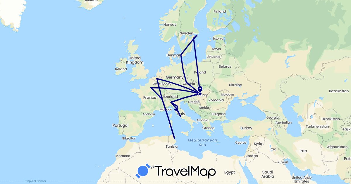 TravelMap itinerary: driving in Belgium, Switzerland, Czech Republic, Germany, Denmark, France, Hungary, Italy, Sweden, Tunisia (Africa, Europe)